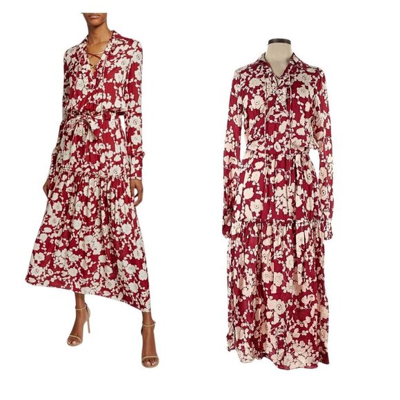 ALEXIS Ambrosia Red Floral-Print Long Sleeve Tie Neck Cottage Midi Dress Size L - Picture 7 of 8